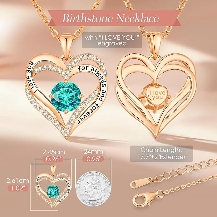 CDE Forever Love Heart Necklaces for Women, Mom, Girlfriend, Wedding Anniversary Birthday Mother Day Christmas Day Gift for Wife Girlfriend Jewelry with Birthstone Pendant