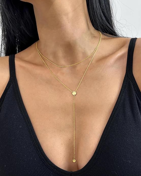 Yoosteel Long Lariat Necklace for Women - Dainty Y-Shaped Necklaces 14K-Gold-Plated Drop Chain Simple Jewelry Trendy Gifts for Women
