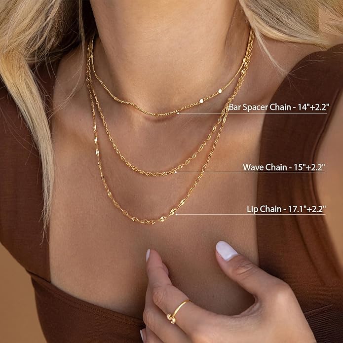 Layered Necklaces for Women, Dainty 14K Gold Plated Herringbone Chain Necklace Set Chunky Gold Necklace Stack Layering Choker Necklaces for Women Trendy Fashion Waterproof Jewelry