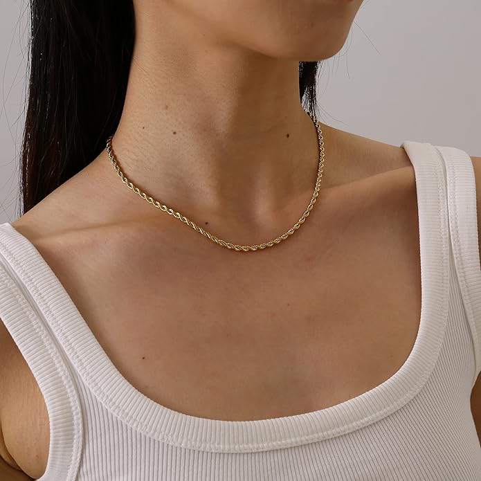 Dainty Chain Necklace for Women, 18K Gold Plated Coin Disc Choker Necklaces Simple Satellite Beaded Twisted Thin Paper Clip Chain Everyday Jewelry Gifts