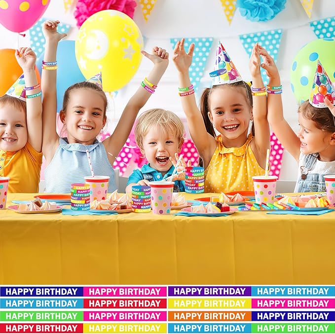 JUNEBRUSHS 64pcs Happy Birthday Rubber Bracelets Bulk Colored Rubber Silicone Wristbands for Students Teachers Classroom Reward Gifts Birthday Decorations Party Favors Supplies(16 Designs)
