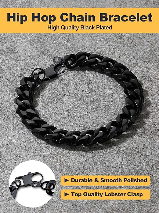 U7 Link Bracelets for Men, Cuban Link/Rope/Watch Band Solid Bracelet, Silver Black Gold Color Wrist Bracelet 3/6/9/12/15mm Width, 6.5/7.5/8.3 Inch Length, Hand Chain Jewelry for Mens Women