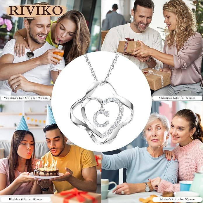 RIVIKO Love Knot Initial Necklace,925 Sterling Silver Letter Pendant Necklaces,Personalized Alphabet Jewelry Christmas Birthday Gifts for Women Wife Mom Friend