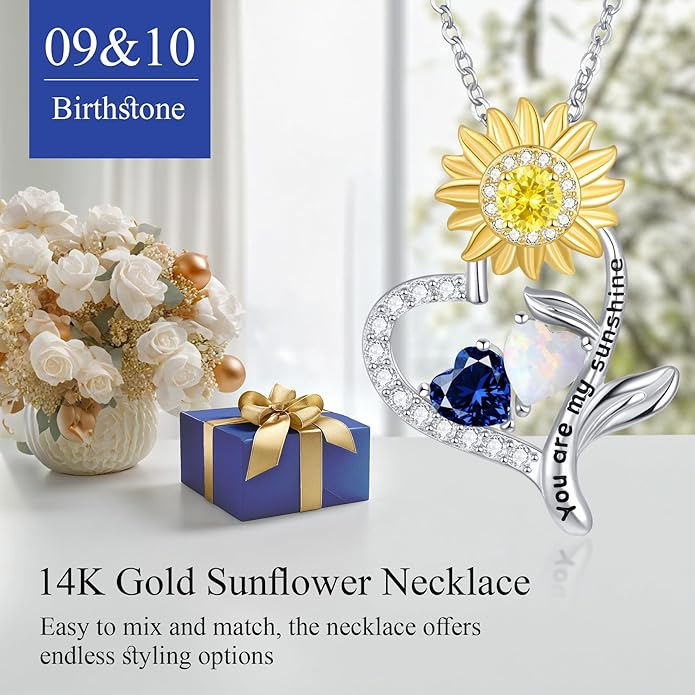 PERJI Valentine's Day Gifts for Women - 925 Sterling Silver Double Birthstone Sunflower Necklace, Anniversary Birthday Jewelry You are My Sunshine Gifts for Wife Couple Girlfriend 18"+2" Non Tarnish