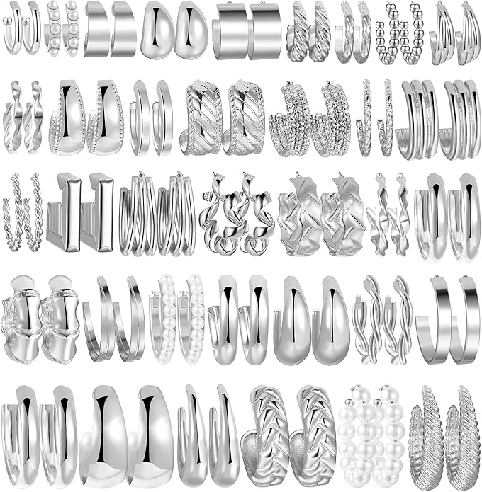 36 Pairs Gold Hoop Earrings Set for Women, Fashion Chunky Gold Hoop Earrings Multipack, Hypoallergenic Pearl Chain Twisted Statement Earring Pack for Birthday Party Jewelry