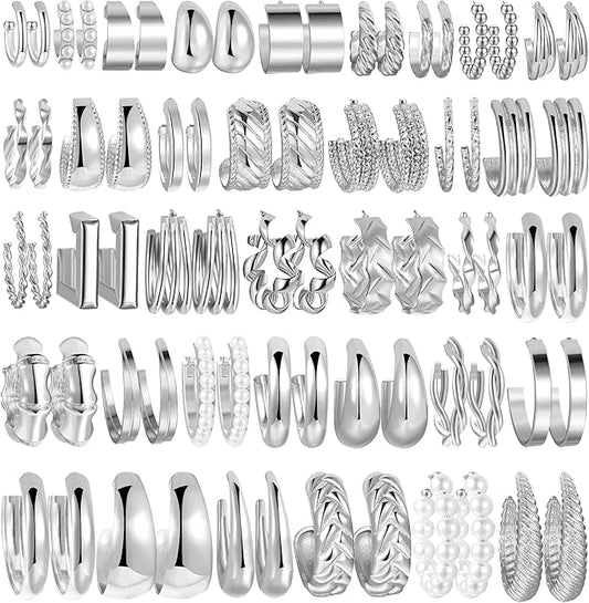 36 Pairs Gold Hoop Earrings Set for Women, Fashion Chunky Gold Hoop Earrings Multipack, Hypoallergenic Pearl Chain Twisted Statement Earring Pack for Birthday Party Jewelry