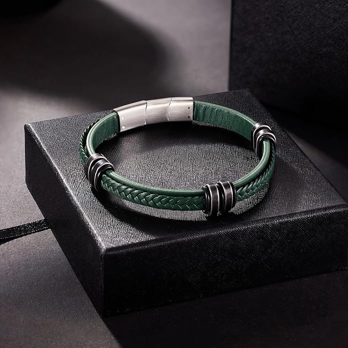 Leather Bracelet for Men with Adjustable Stainless Steel Magnetic Clasp Multi-Layer Braided Mens Leather Bracelet