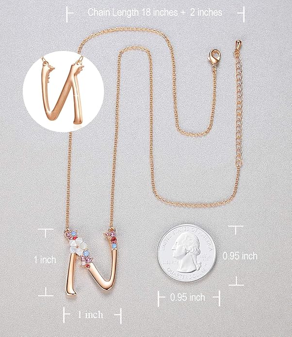 Flower Initial Letter Necklace Pink Red Blue Simulated Pearl Pendant Name Jewelry Made with Austrian Crystals Rose Gold Plated Anniversary Birthday Gifts for Women,18"+2"