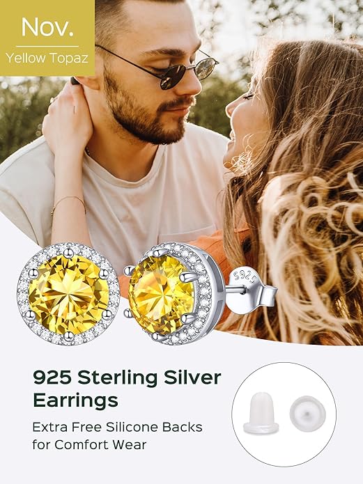 ChicSilver 925 Sterling Silver Birthstone Earrings for Women, 8MM/2 Carat Heart & Round Cubic Zirconia Stud Earrings, Hypoallergenic Jewelry, Ideal Birthday or Christmas Gifts