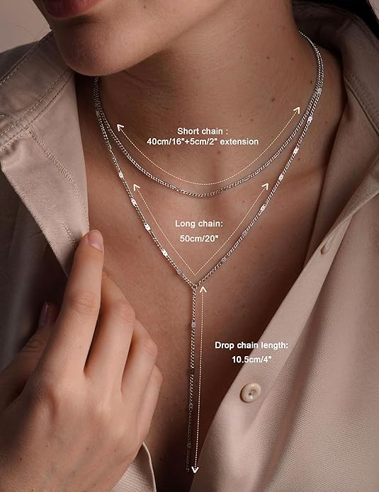Magitaco Lariat Necklace for Women, 18K Gold Plated/Silver Color Dainty Long Necklaces for Women Layered Y-Necklace, Drop Beaded Sequined Chain for V-Neck, Elegant Wedding Guest Jewelry