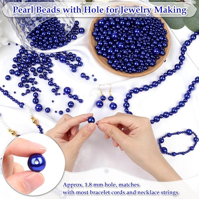 Anezus 2205Pcs Blue Pearls for Craft, Assorted Sizes Fake Pearl Beads, Sew on Pearls, Bulk Loose Pearl Beads with Holes for Jewelry Making, Bracelets, Necklaces, Hairs, Decoration, Vase Filler
