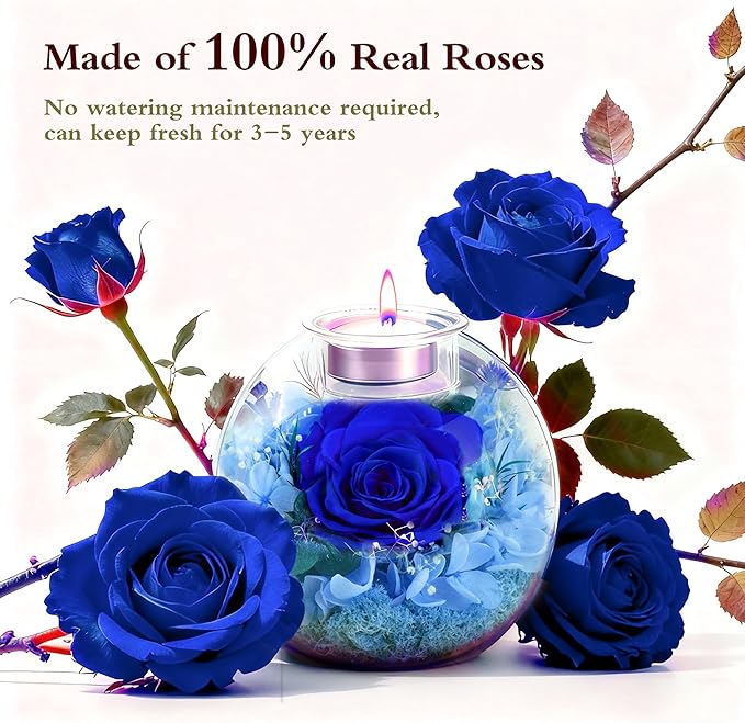 Forever Real Roses in Glass with Scented Candle, Christmas Gift Ideas Preserved Flower Christmas Gifts for Women Her Girlfriend Wife Mom on Valentines Birthday Anniversary Blue