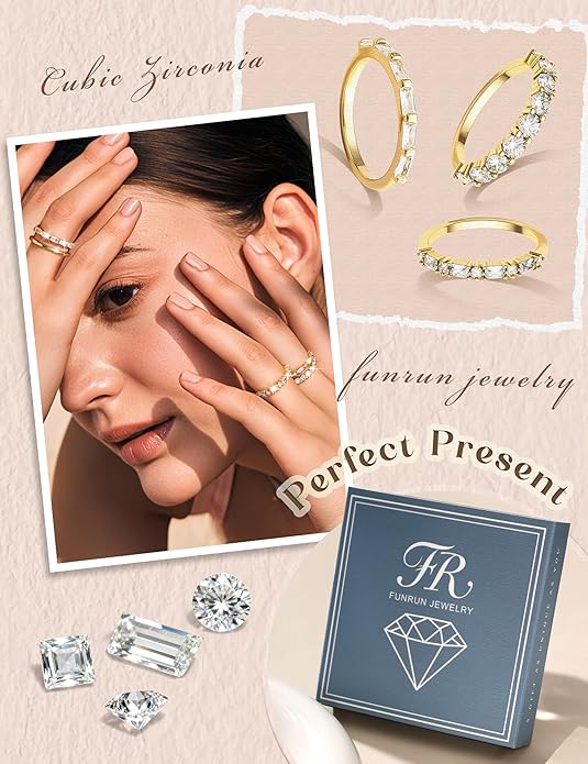 FUNRUN JEWELRY 14K Gold Plated Rings for Women Non Tarnish Stackable Rings Dainty Cubic Zirconia Band Pinky Thumb Knuckle Ring Set Trendy Statement Promise Wedding Thin Stacking Ring Size 5-10 5PCS