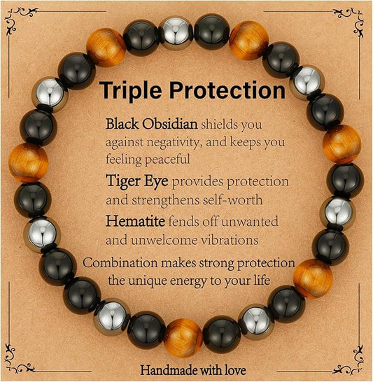 Triple Protection Bracelet for Men, Mens Black Obsidian Hematite Tiger Eye Beaded Natural Stone Evil Eye Bracelet Jewelry Gifts for Birthday Christmas