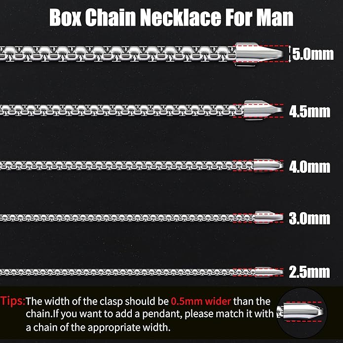 Fiusem Box Chain for Men, Silver Tone/14K Gold Plated/Black Stainless Steel Necklace for Men and Women, Width 2/2.5/3/4/5mm, Length 18-28 Inches