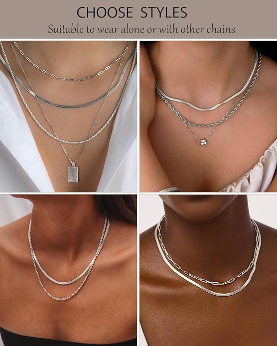 Layered Gold Silver Necklace for Women Non Tarnish,Dainty Choker Statement Chunky Necklace Stack Charm Pendant Chain Necklace Set 14K Gold Plated Long Stacked Womens Necklaces Trendy Jewelry Gift