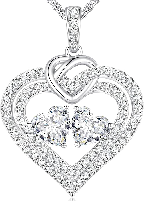 LOUISA SECRET Sparkling Double Heart Birthstone Necklaces for Women, 925 Sterling Silver Fine Jewelry, Pendant Heart Necklaces Birthday Anniversary Christmas Gift for Women Wife Mom Girlfriend Lady