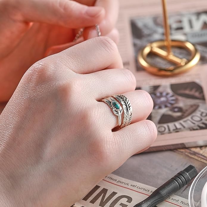 Sterling Silver Feather Ring with Black Onyx & Turquoise - Adjustable Stacking Vintage Statement Ring for Women & Men