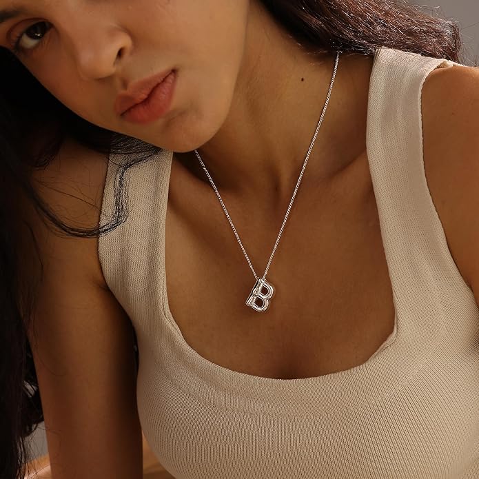 Initial Necklaces for Women, 14k Gold Plated Bubble Letter Necklace Chunky Gold Necklace Dainty Charm Initial Necklaces for Women Trendy Custom Preppy Stocking Stuff Necklace Christmas Gifts