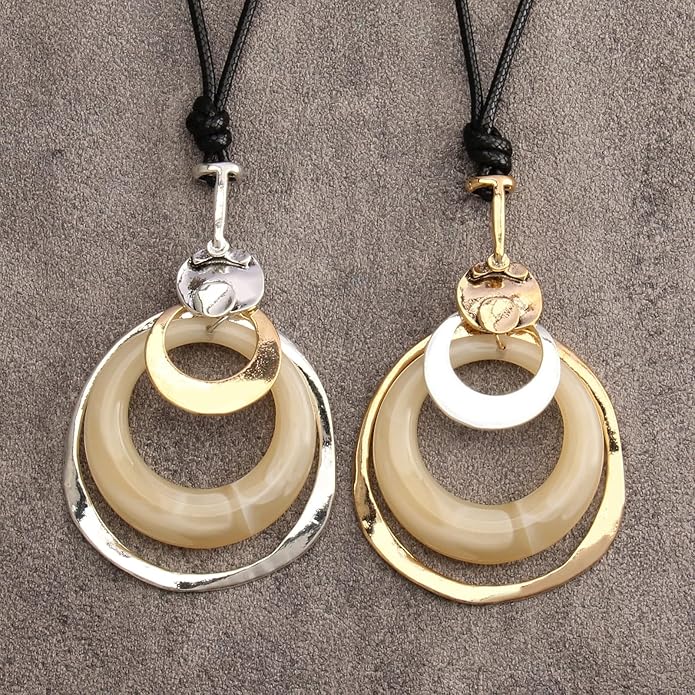 Long Boho Necklaces for Women Vintage Leather Wooden Pendant Y Choker Ethnic Style Gold Circle Hippie Sweater Necklace