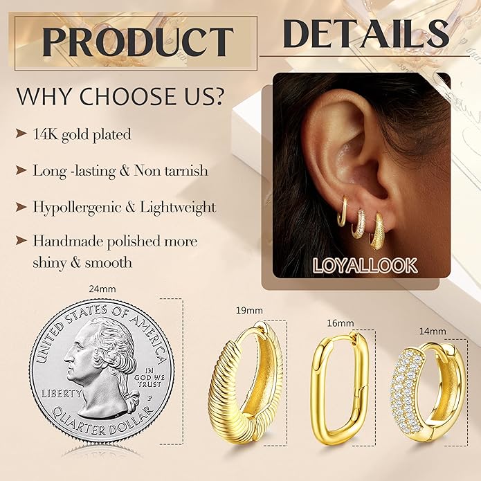 LOYALLOOK 3Pairs Gold Hoop Earrings Set for Women Trendy Huggie Hoop Earrings Stacks for Multiple Piercing 14K Gold Plated Chunky Hoop Earrings Set Hypoallergenic Cartilage Earring Lightweight