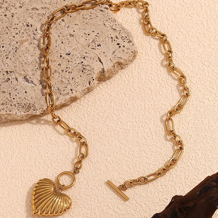 Chunky Gold Heart Necklace for Women,18K Gold Plated Puffy Heart Pendant with Paperclip Chain,Stainless Steel Statement Jewelry Waterproof Jewelry Gift for Chrismas