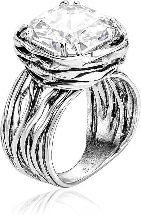 JEAN RACHEL JEWELRY 925 Sterling Silver Ring - Wrap Vintage Design with Cushion Shaped Cubic Zirconia - Hypoallergenic, Lead & Nickel Free - Artisan Handcrafted Statement Rings for Women