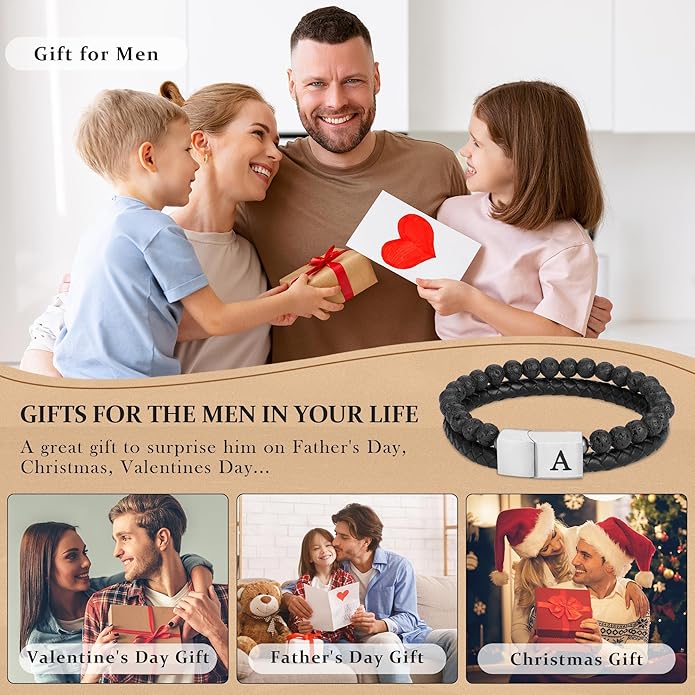 Leather Bracelets for Mens Gifts - Premium Genuine Leather Natural Lava Rock Adjustable Stainless Steel Magnetic Clasp Mens Initial Bracelet, Unique Gifts for Men Husband Dad Son