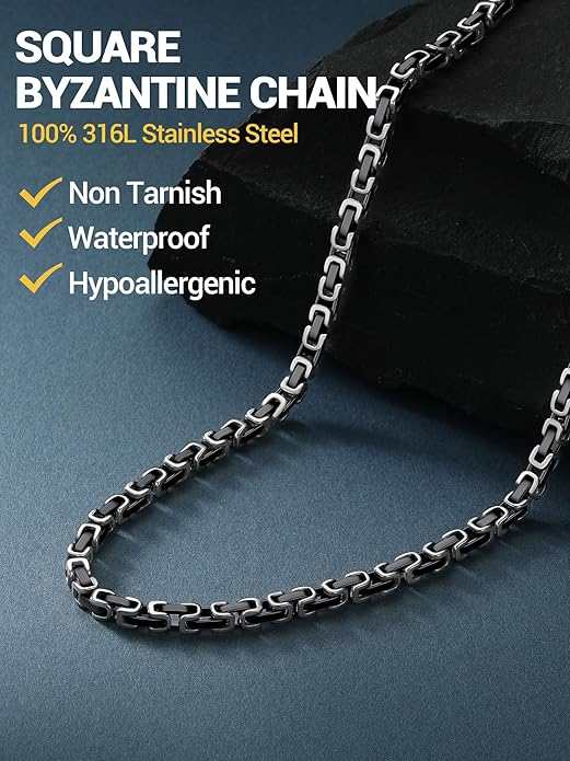 PROSTEEL 4MM/6MM/8MM Stainless Steel Necklace for Men Women, Stylish and Cool, Byzantine Chain Black Gold Silver Tone, 18-30 Inches, Come Gift Box