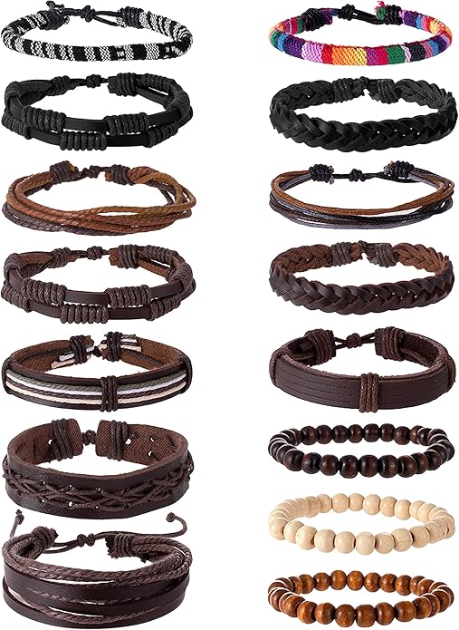 Tornito 15Pcs Braided Leather Bracelet Boho Cuff Wrap String Wood Bead Woven Ethnic Stretch Wristbands Bracelets Set for Men Women Size Adjustable