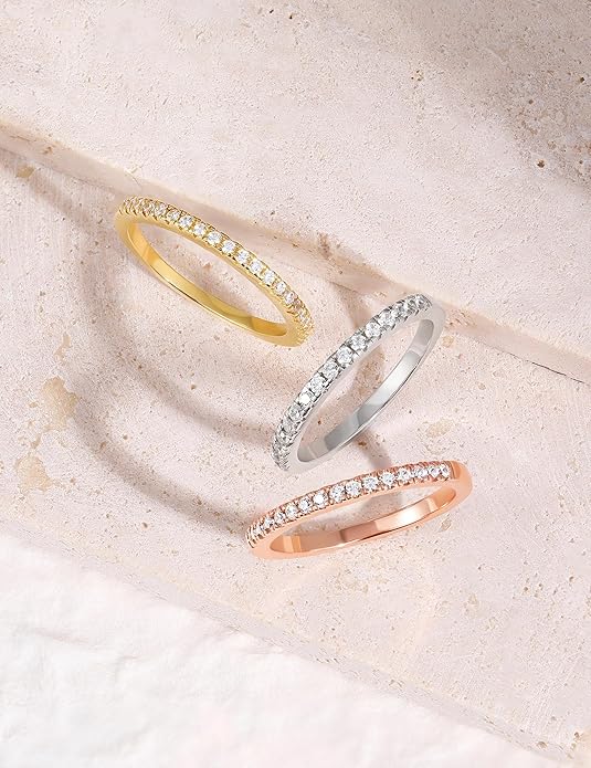 EAMTI 2mm Wedding Band Cubic Zirconia Half Eternity Stackable Brass Engagement Ring Size 3-13