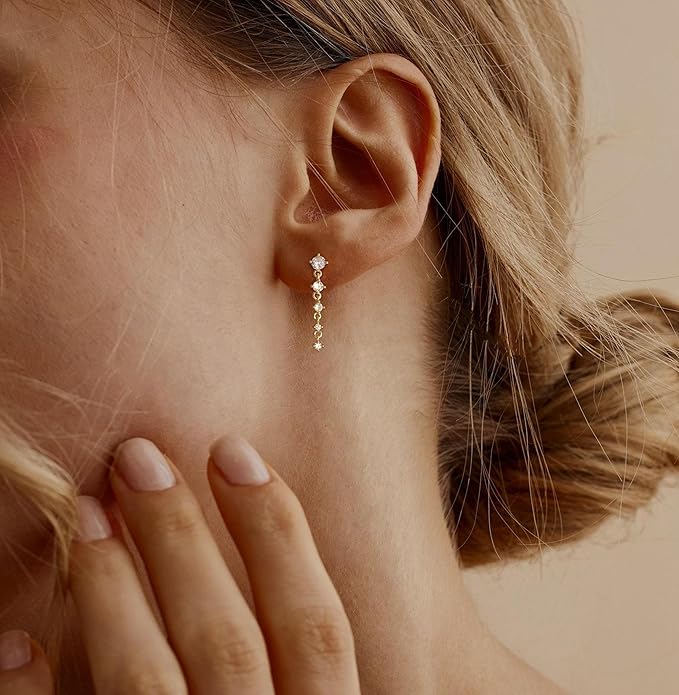 Gold Earrings for Women,Dainty 14k Gold Plated Pearl Drop Earring Dangle Pearl Dangling Earrings for Women Trendy Small Cute Wedding CZ Earring Long Chain Threader Prom Jewelry Gifts