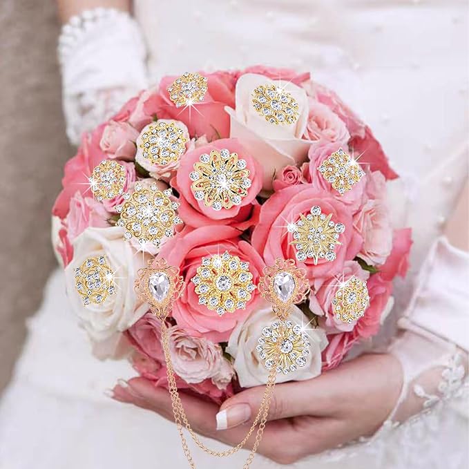 Yhsheen Gold Rhinestone Brooches Pin Kits Crystal Pearl Brooches for Bouquets for Wedding Decoration Accessories Jewelry Making Crafts(Gold-14PCS)-B