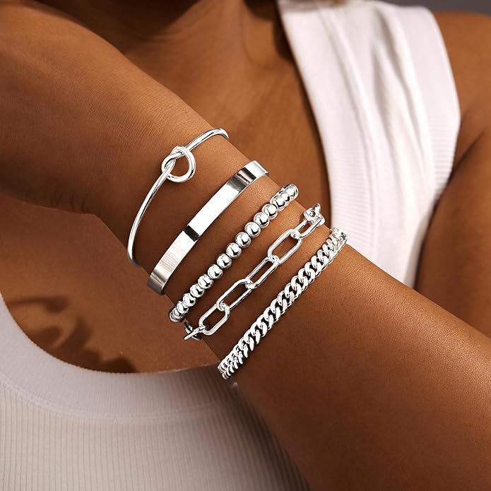 Gold Bracelets for Women Non Tarnish, 14K Gold Plated Chunky Cuff Bracelet Gold Bangles Bracelet for Women Trendy Tie Knot Cuban Rope Paperclip Beaded Bracelet Stack Jewelry Gifts