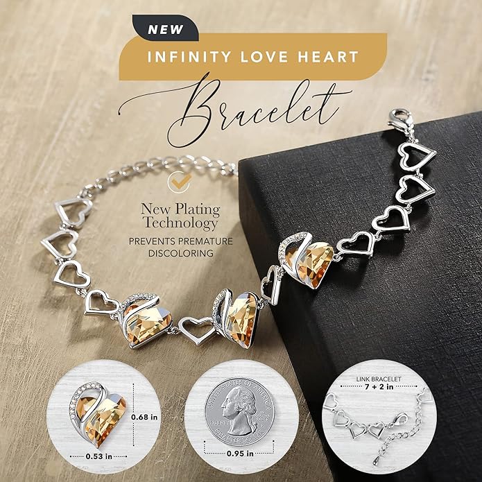 Leafael Infinity Love Heart Link Bracelets, Birthstone or Healing Stone Crystal Bracelet for Women, Silver Tone Jewelry Gifts for Her, 7-inch Chain and 2-inch Extender