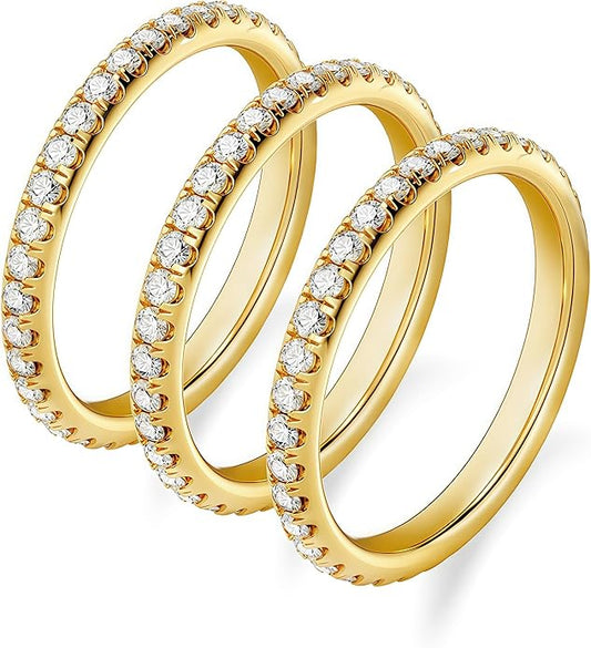 14K Gold Plated CZ Simulated Diamond Eternity Band Rings Set of 3,Thin Stackable Rings for Women,2mm Fashion Gold Stacking Bands for Daily Wear,Promise,Wedding, jewelry Gift for Wife Girlfriend