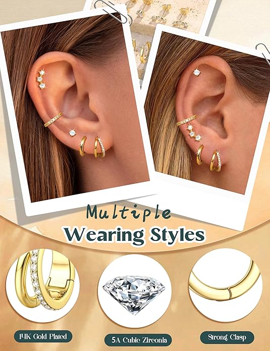 Florideco 925 Sterling Silver Earrings for Women Trendy Hypoallergenic Small Gold Hoop Earrings 14K Gold Plated Stud Earring Sets for Multiple Piercing CZ Ear Cuff Cartilage Earring Stacks
