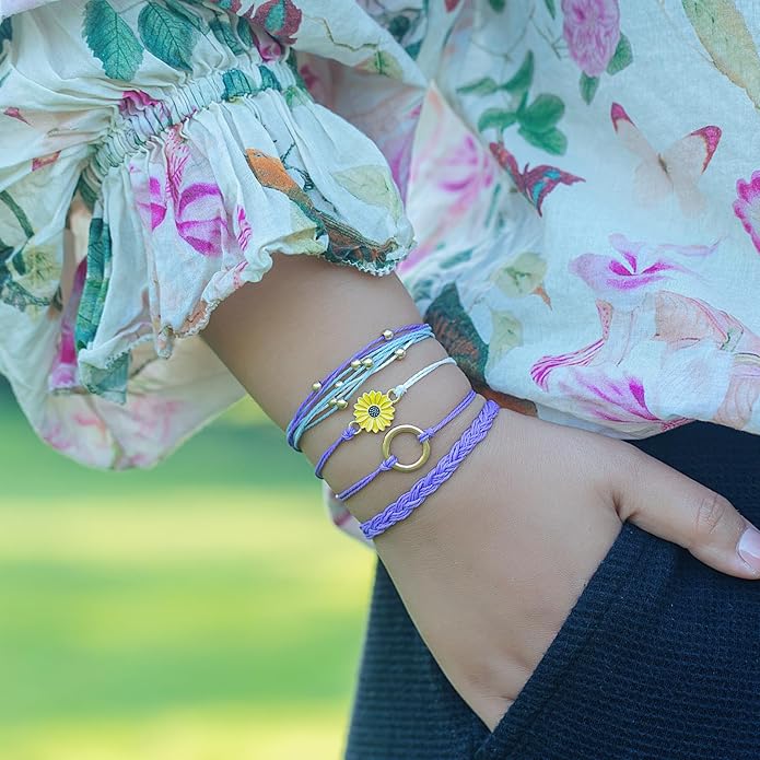 FANCY SHINY Sunflower String Bracelet Boho Braided Rope Wrap Bracelets Cute Summer Beach Surfer Jewelry for Women