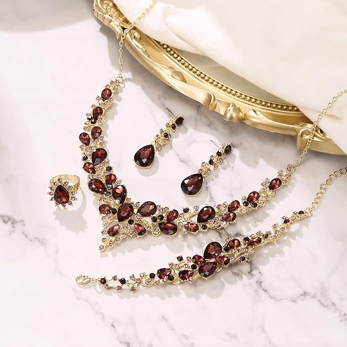 BriLove Wedding Bridal Jewelery for Women Austrian Crystal Teardrop Cluster Statement Necklace Dangle Earrings Link Bracelet Set