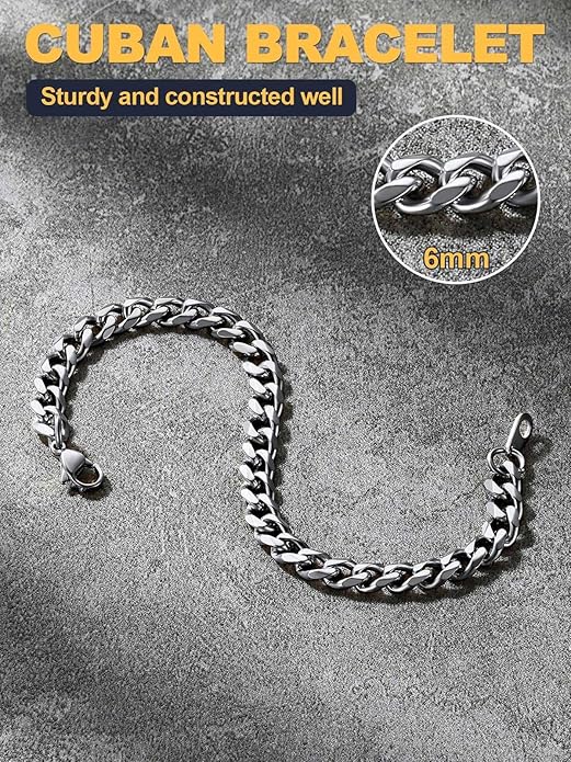 U7 Link Bracelets for Men, Cuban Link/Rope/Watch Band Solid Bracelet, Silver Black Gold Color Wrist Bracelet 3/6/9/12/15mm Width, 6.5/7.5/8.3 Inch Length, Hand Chain Jewelry for Mens Women
