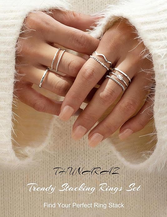 THUNARAZ 8Pcs Stackable Rings for Women Non Tarnish 14K Gold Plated Stainless Steel Dainty Rings Set Minimalist Thin Thumb Ring Cubic Zirconia Wave Statement Ring Bands for Women Size 5-10