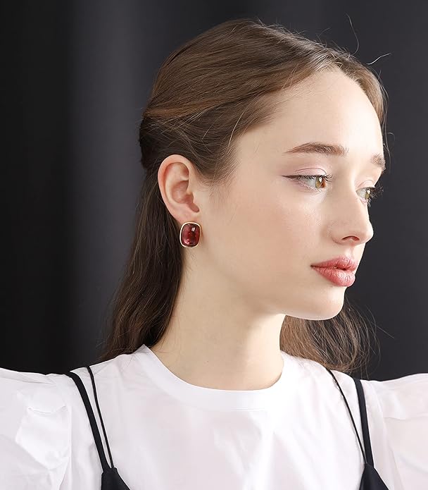 M.DUN- Round Edges Rectangle Shape Studs Earring. Abalone Amber Turquoise Resin Stone Design, 18k Real Gold Plated Bezel, Hypoallergenic Gorgeous Gift for Women