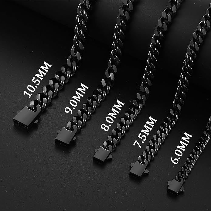 Fiusem Valentines Day Gifts for Him Silver Tone/Black/14K Gold Plated Chain Necklace for Men, 5mm/6mm/7.5mm/8mm/9mm Stainless Steel Cuban Link Chain Necklace, Men's Chains 18-28 Inch Jewelry Gifts