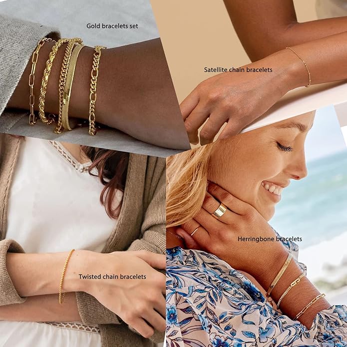 Gold Bracelets for Women Trendy,14K Gold Plated Dainty Stackable Paperclip Cuban Link Chain Bracelets, Simple Cute Cuff Bracelets Jewelry Set Adjustable 7"+2"