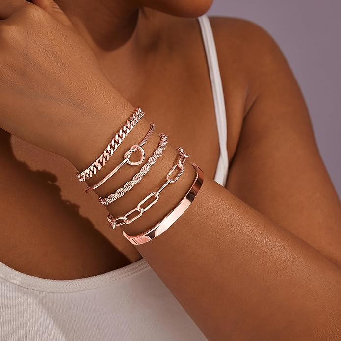 Gold Bracelets for Women Non Tarnish, 14K Gold Plated Chunky Cuff Bracelet Gold Bangles Bracelet for Women Trendy Tie Knot Cuban Rope Paperclip Beaded Bracelet Stack Jewelry Gifts