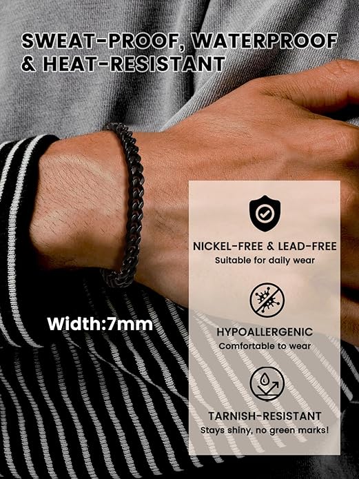 Bestyle Thick Mens Cuban Link Chain Bracelets, Durable Real 18K Gold/Black Metal Plated Solid Stainless Steel Hand Chain Cuban Bracelets for Men, Silver Black Gold Bracelets for Father Husband