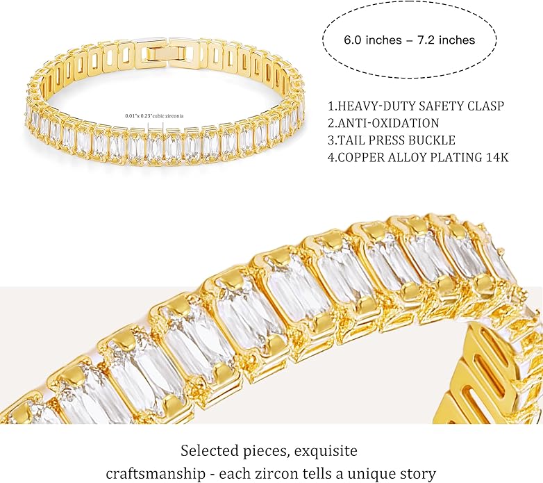 14K Gold Plated Tennis Bracelet for Women – Classic CZ Link Design, Fits 6.0"–7.2" Wrists – Stylish Sparkling Jewelry Gift, Timeless Tennis Bracelets for Women