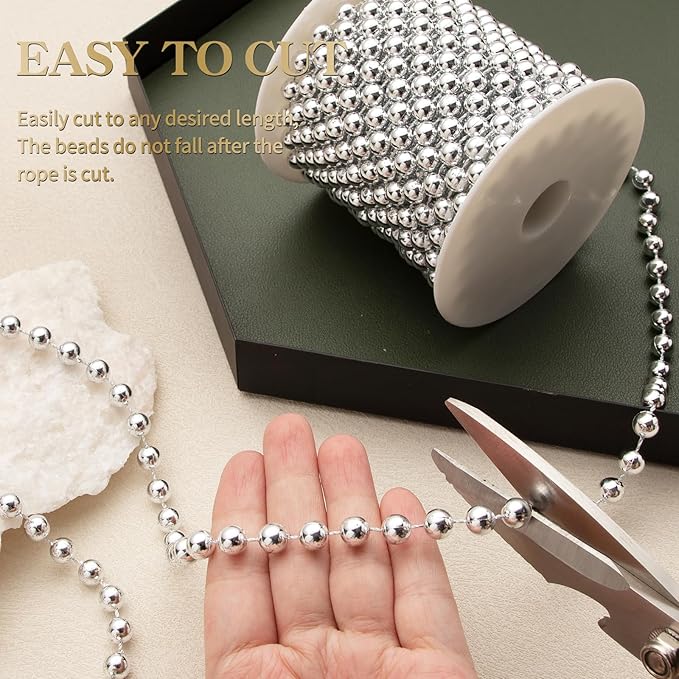 8mm Pearl Garland, 33 Feet Faux Pearl Garland Spool Roll for Wedding Centerpiece Backdrop Christmas Tree and Flowers Decoration DIY Craft （Silver）