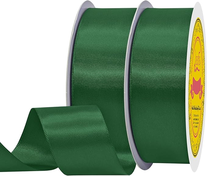 LEEQE 100 Yards Forest Green Satin Ribbon Polyester Ribbon for Gift Wrapping Very Suitable for Weddings Party Hair Bow Invitation Decorations and More（1-1/2 inch X 50Yards X 2 Roll）