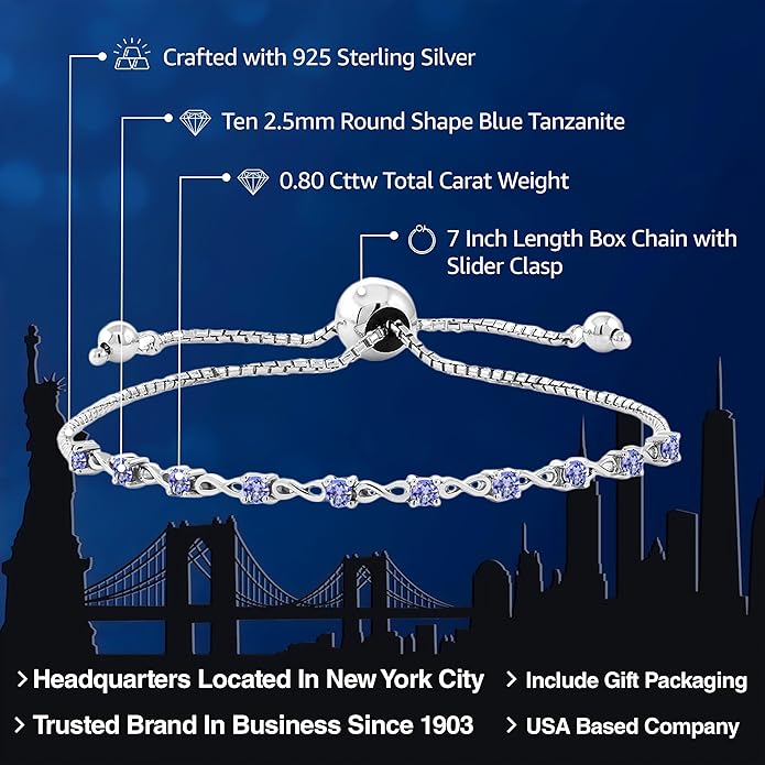 Gem Stone King Round Gemstone Birthstone Tennis Bracelet For Women | 925 Sterling Silver | 2.5MM Round | Fits Up To 9 Inch Wrist | Adjustable Bolo Bracelet For Women | Easy-On Easy-Off